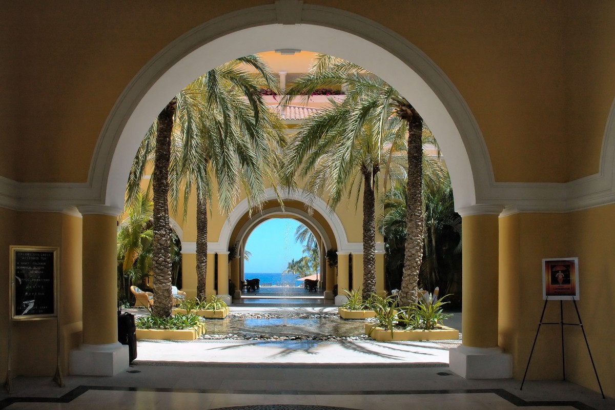 View through colonial arches to the ocean