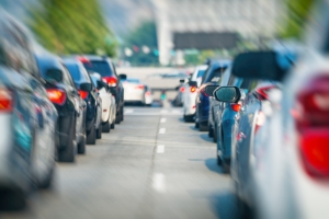 Cars in a slow line of traffic