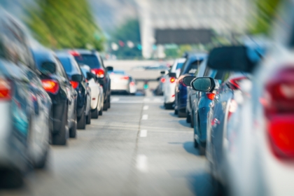 Cars in a slow line of traffic