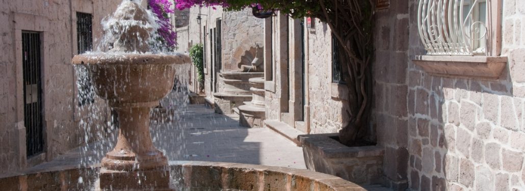 Colonial Fountain and Bougainvillea