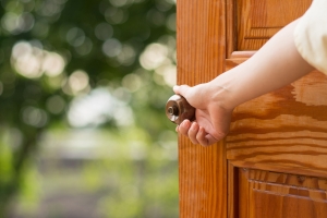 Door opens to reveal a green space