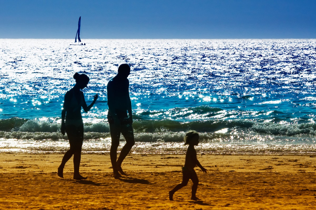 Family walking on a beach