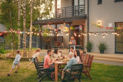 Family and friends at a garden party