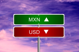 Currency concept showing Mexican pesos and US dollars