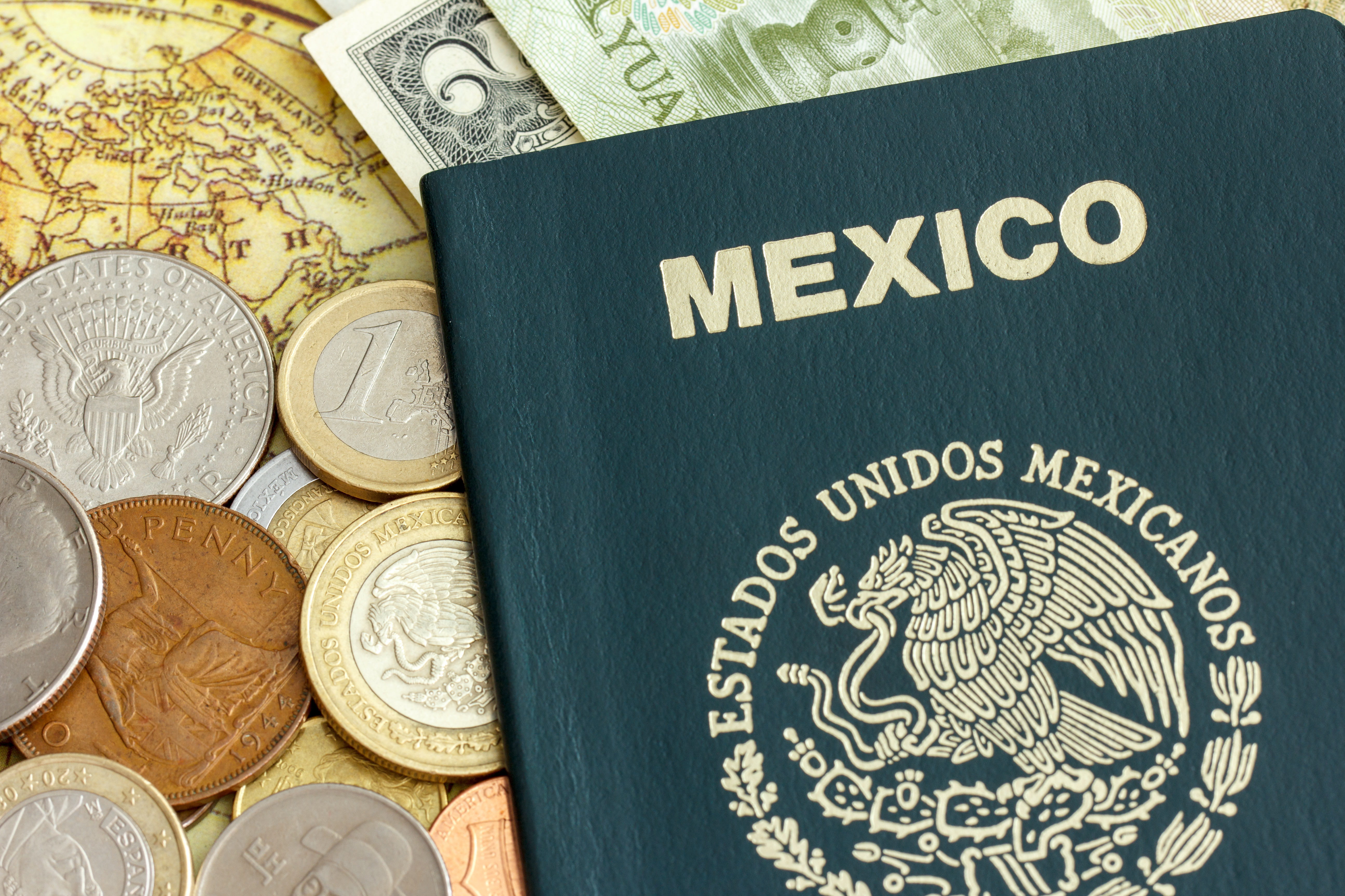 Mexican Passport with foreign currency