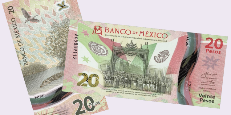 Mexico $20 peso banknote 2021