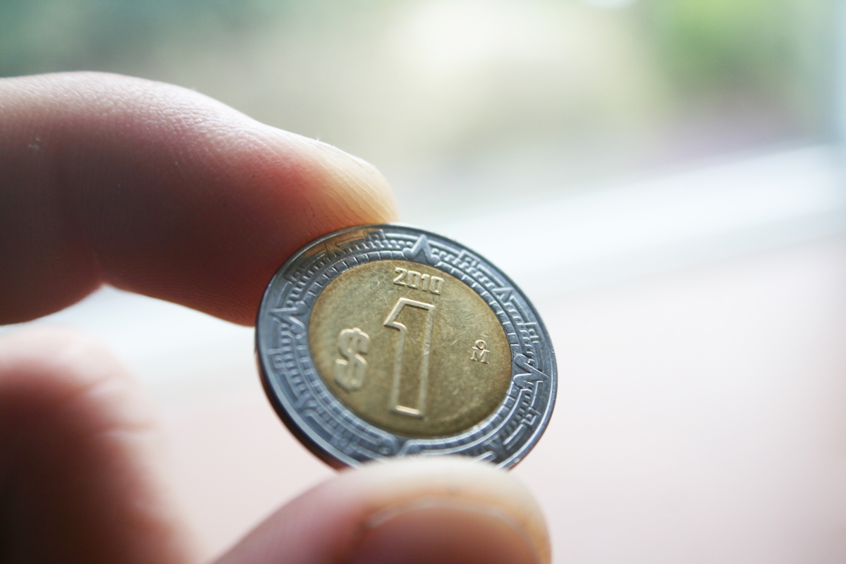 One Mexican peso coin held in someone's hand