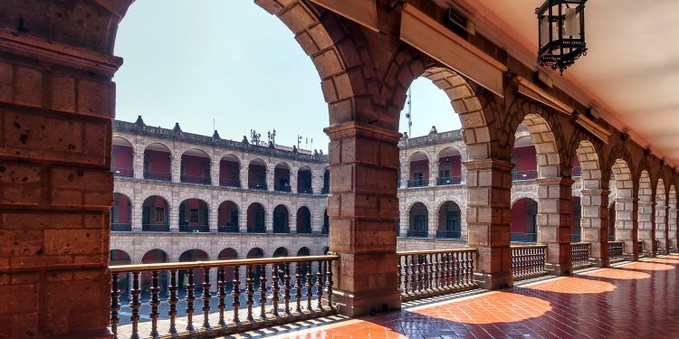 Corridor of Mexico's National Palace overlooking the central courtyard