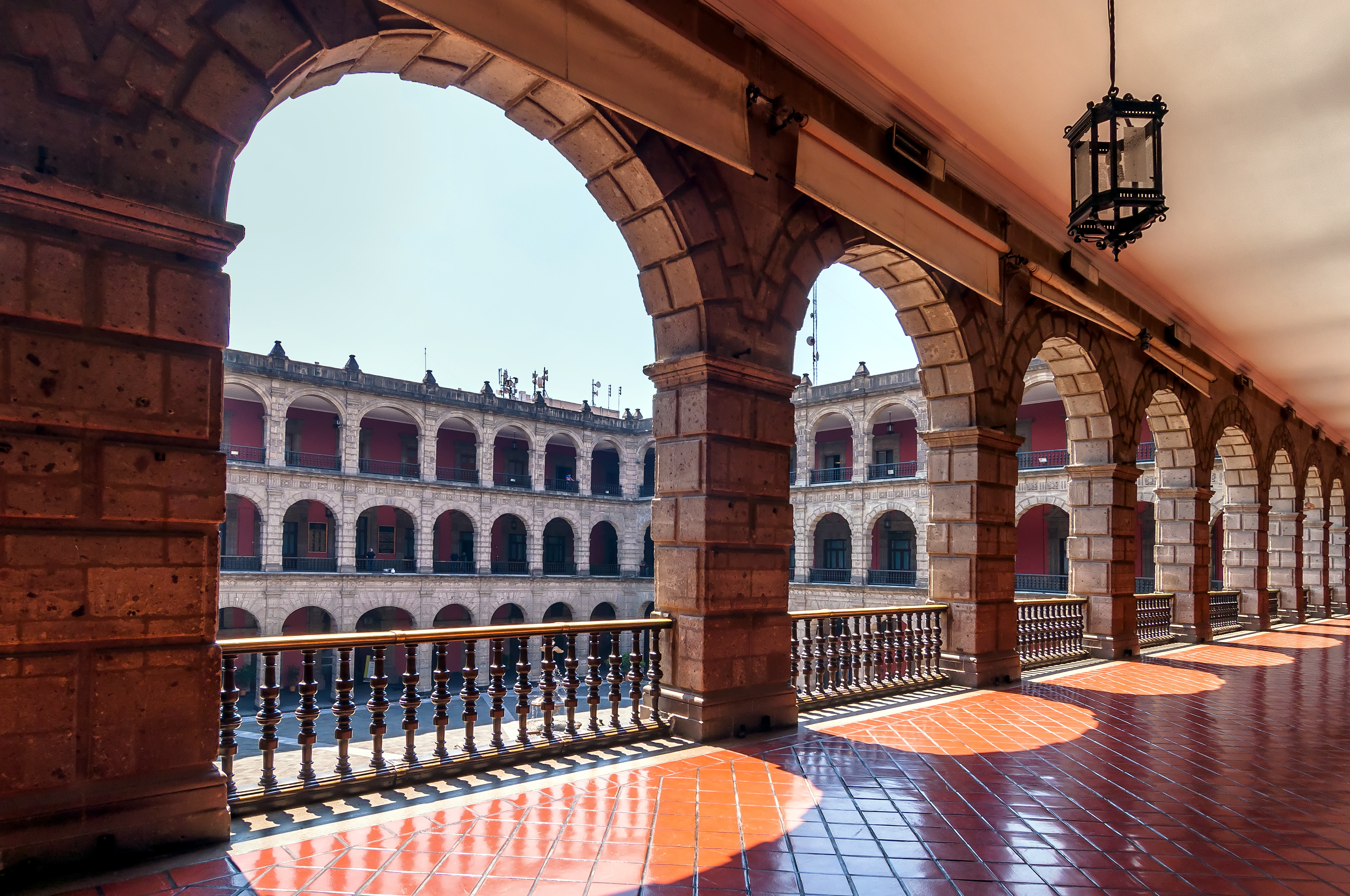 Corridor of Mexico's National Palace overlooking the central courtyard
