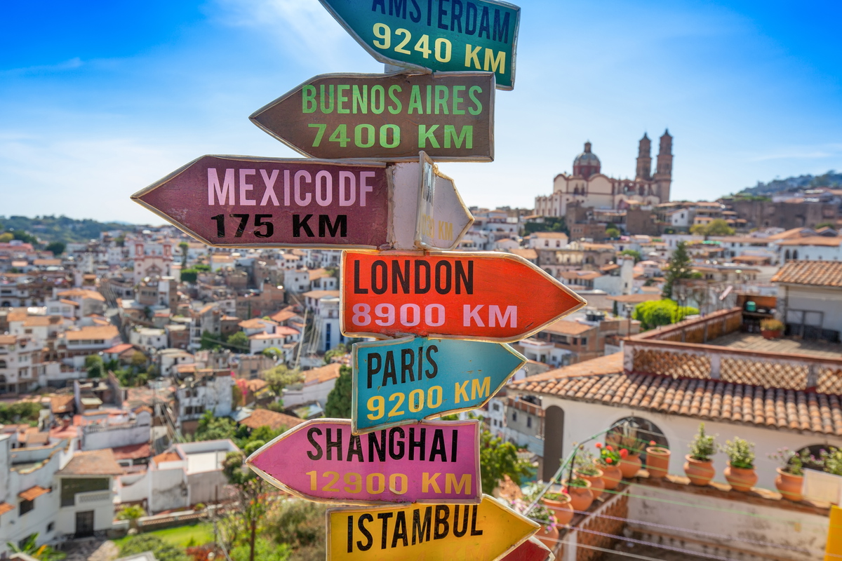 Signposts to Mexico City and other destinations