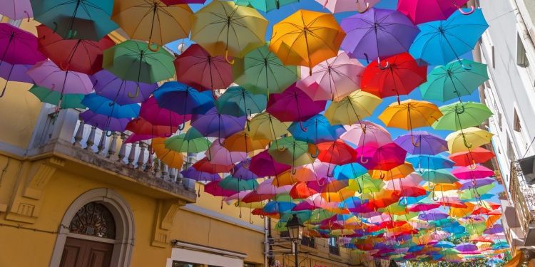 Umbrellas covering a street with houses