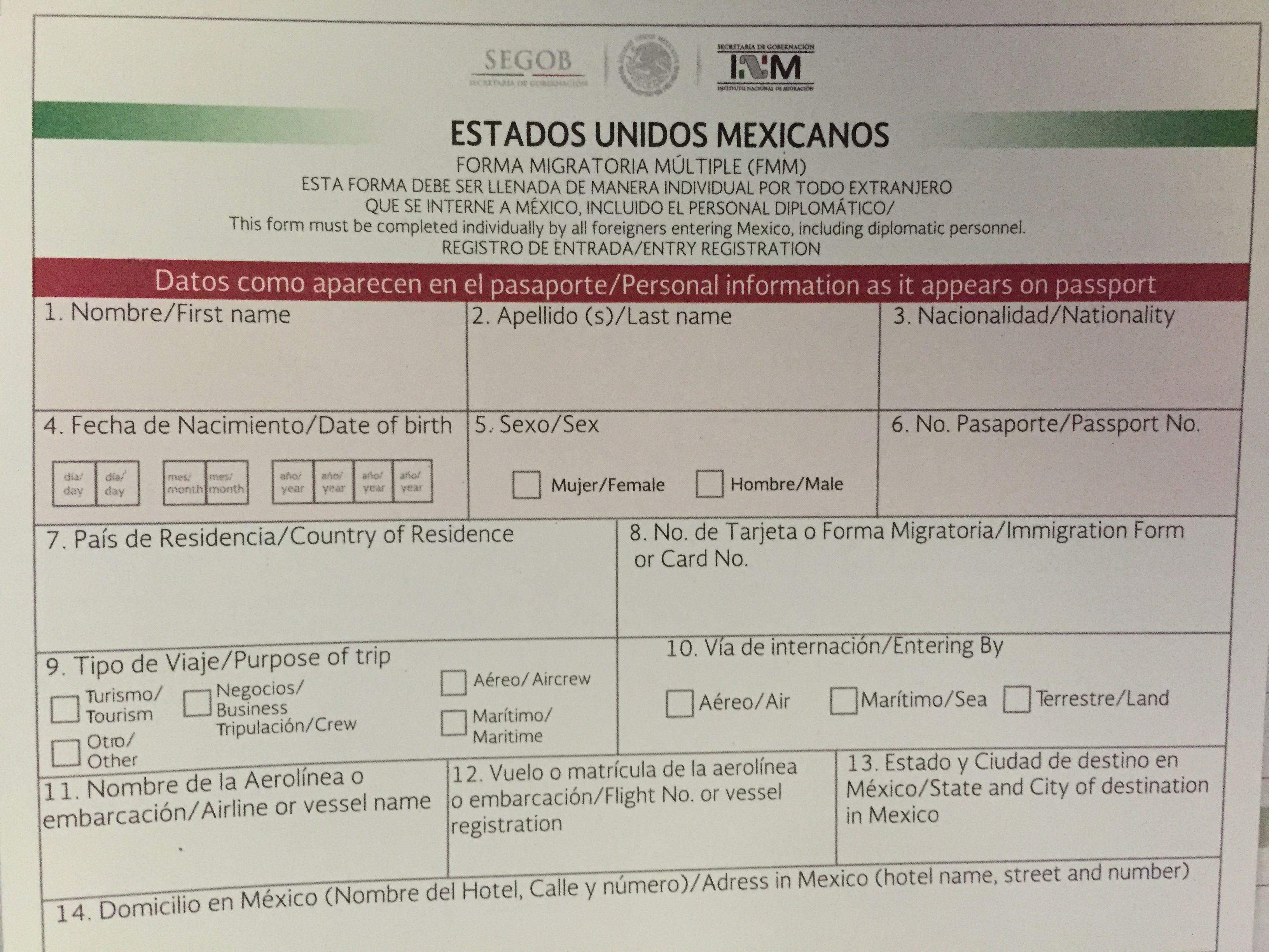 Forma Migratoria Multiple (FMM) Visitor's Permit Mexico