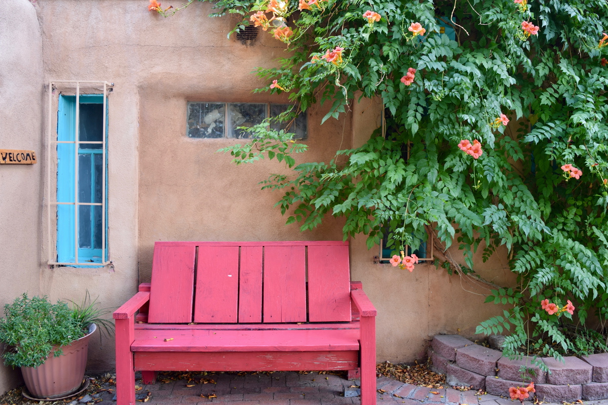 Colorful bench in a garden